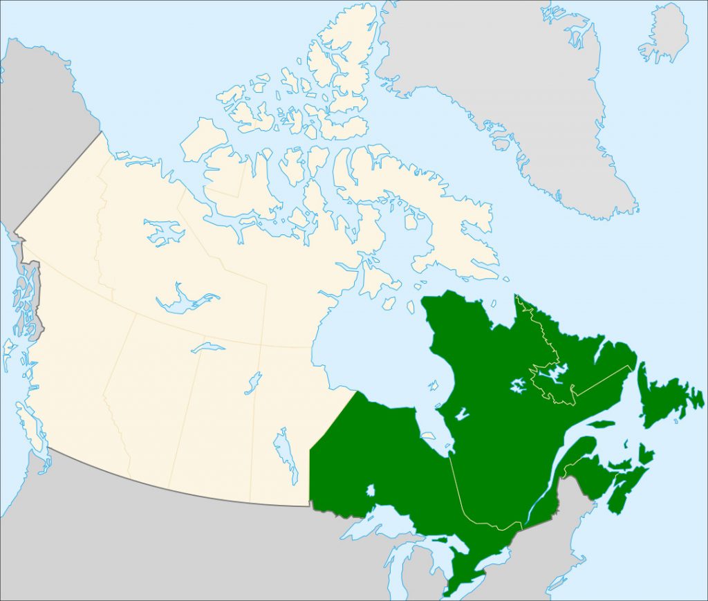 A map of Canada showing the region of Eastern Canada in green.